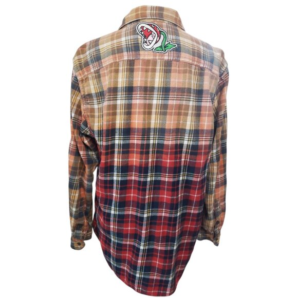 Upcycled Distressed Flannel with "Fire Piranha" Embroidered Patch Large - Picture 2 of 7